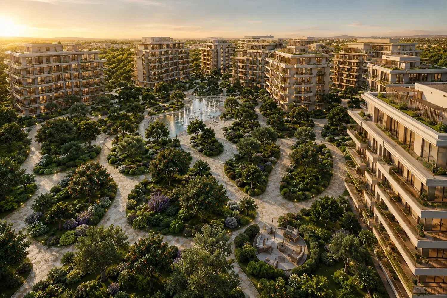 Aerial render of Arancia Yards by Beyond residential community in City of Arabia, Dubai