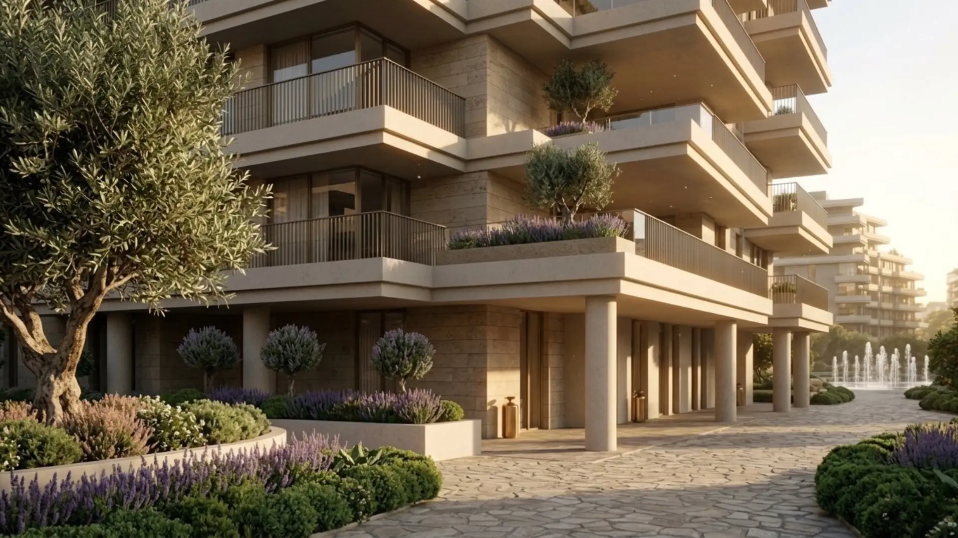 Close-up of the warm-toned Arancia Yards facade with terraced balconies